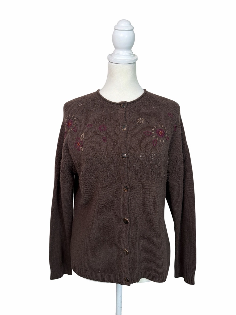 Woolrich Women’s Medium Lambswool Cardigan Dark Brown Floral Embroidered Wool